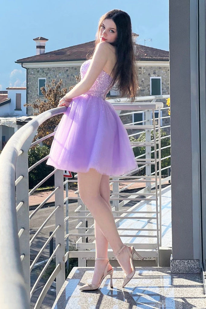 Sweetheart Neck Purple Short Prom Dresses with Beadings, Strapless Lil Lwt Dress Sweetheart Neck Purple Short Prom Dresses with Beadings, Strapless Lil Lwt Dress