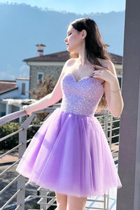 Sweetheart Neck Purple Short Prom Dresses with Beadings, Strapless Lilac Homecoming Dresses, Purple Formal Evening Dresses WT1248