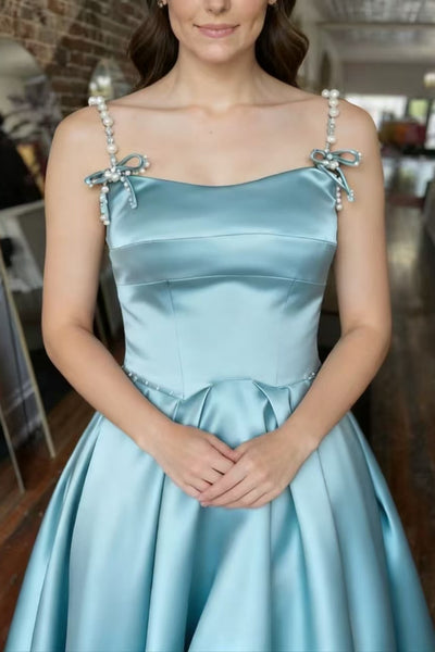 Teal Satin A Line Square Neck Long Prom Dresses with Pocket, Teal Formal Graduation Evening Dresses WT1720
