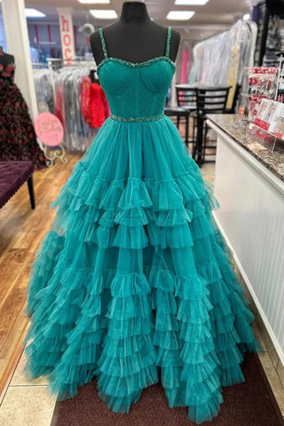 Turquoise Tulle A Line Tiered Ruffle Sweetheart Neck Long Prom Dresses with Beadings, Turquoise Formal Graduation Evening Dresses WT1528