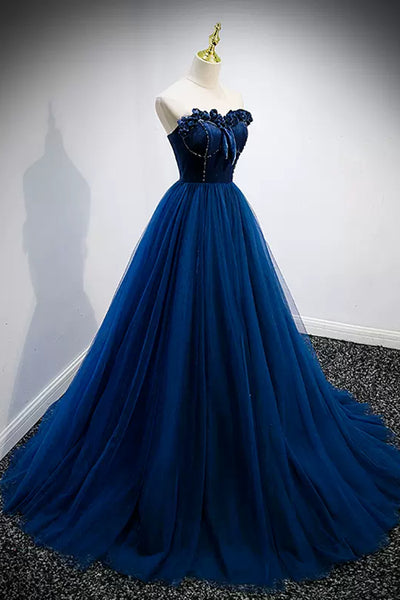 Unique Strapless Blue Tulle Long Prom Dresses, Blue Formal Evening Dresses, Ball Gown WT1234
