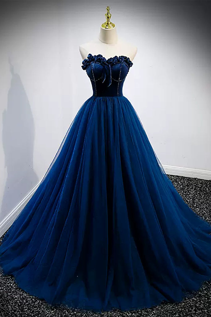 Unique Strapless Blue Tulle Long Prom Dresses, Blue Formal Evening Dre
