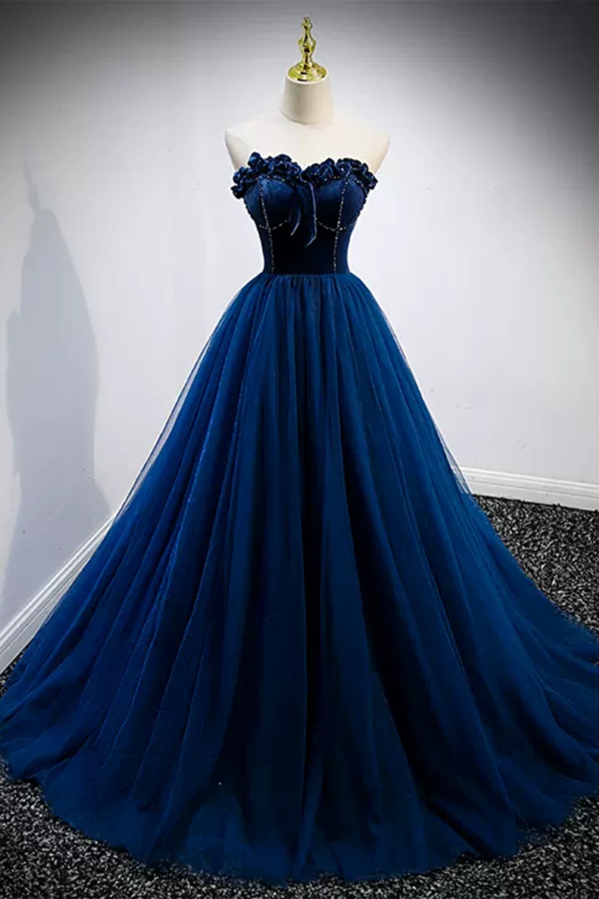 Unique Strapless Blue Tulle Long Prom Dresses, Blue Formal Evening Dresses, Ball Gown WT1234