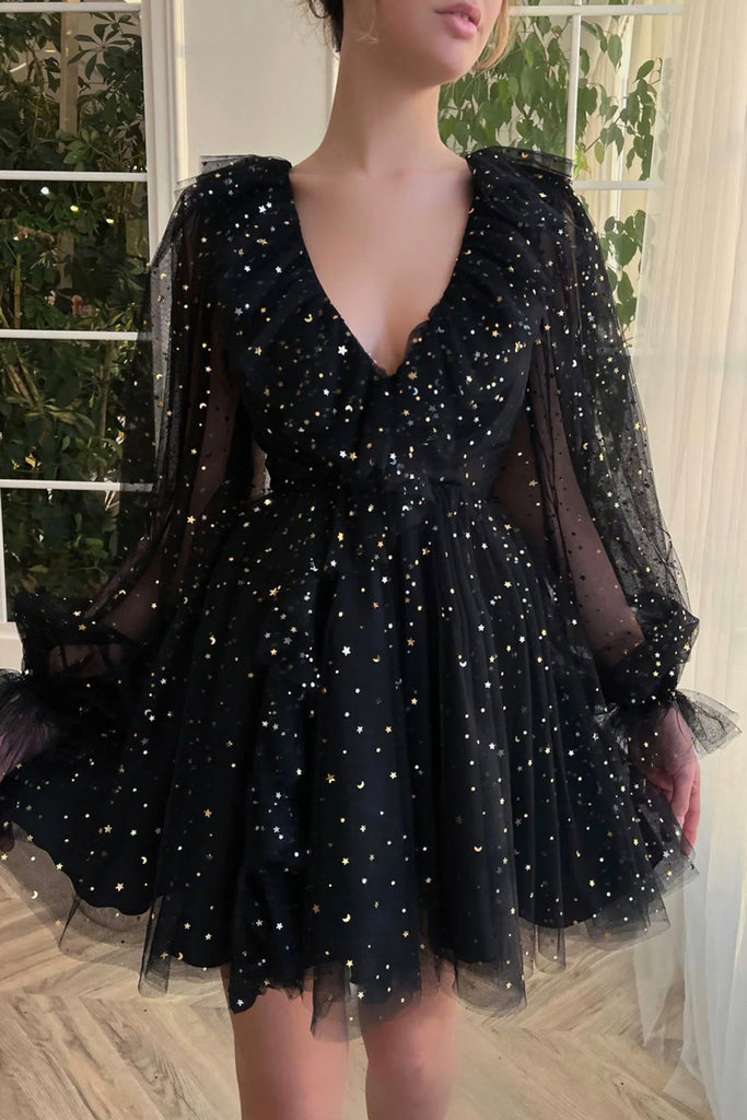 V Neck Long Sleeves Sequins Black Prom Dresses, Black Homecoming Dress Lwt Dress V Neck Long Sleeves Sequins Black Prom Dresses, Black Homecoming Dress Lwt Dress