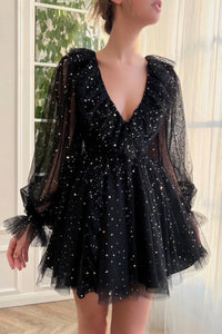 V Neck Long Sleeves Sequins Black Prom Dresses, Black Homecoming Dresses, Short Formal Evening Dresses WT1252