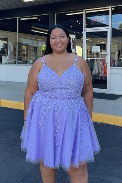 V Neck Purple Lace Short Prom Dresses, Purple Lace Homecoming Dresses, Purple Evening Dresses WT1825