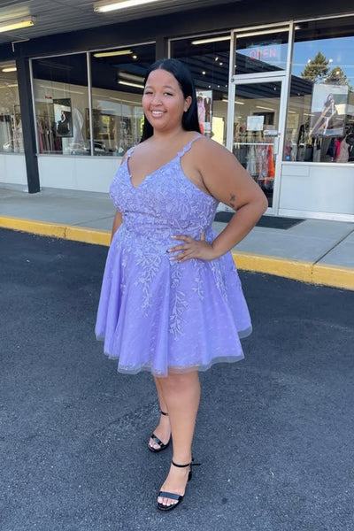 V Neck Purple Lace Short Prom Dresses, Purple Lace Homecoming Dresses, Purple Evening Dresses WT1825