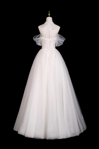 White A Line Off the Shoulder Lace Long Prom Dresses, White Lace Formal Dresses, Off Shoulder White Evening Dresses WT1680