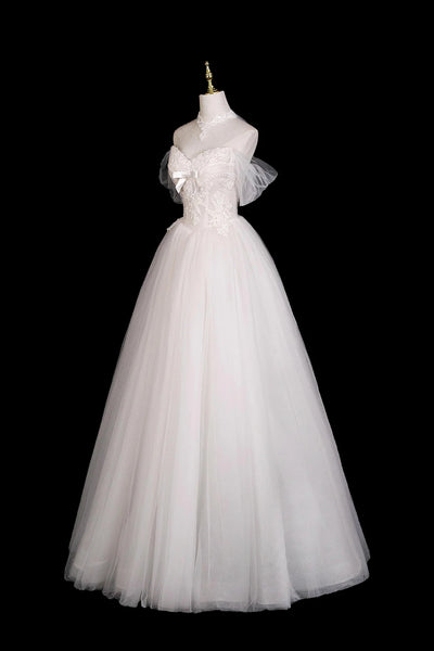 White A Line Off the Shoulder Lace Long Prom Dresses, White Lace Formal Dresses, Off Shoulder White Evening Dresses WT1680