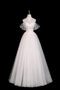 White A Line Off the Shoulder Lace Long Prom Dresses, White Lace Formal Dresses, Off Shoulder White Evening Dresses WT1680