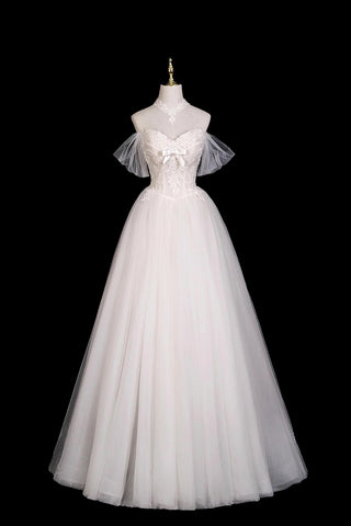White A Line Off the Shoulder Lace Long Prom Dresses, White Lace Formal Dresses, Off Shoulder White Evening Dresses WT1680