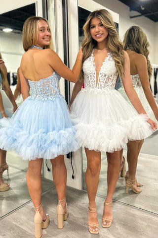 White/Blue A Line Halter V Neck Open Back Lace Short Prom Dresses, White/Blue Lace Homecoming Dresses WT1644