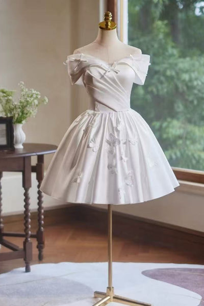 White Cute Off the Shoulder Satin Short Prom Dresses with Bow, Off Shoulder White Homecoming Dresses, White Formal Graduation Evening Dresses WT1638