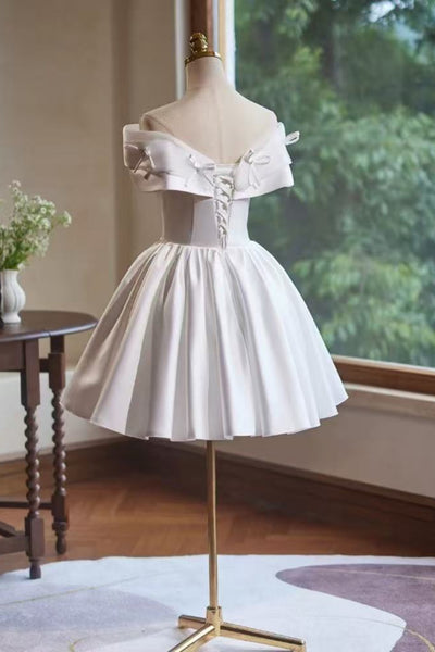 White Cute Off the Shoulder Satin Short Prom Dresses with Bow, Off Shoulder White Homecoming Dresses, White Formal Graduation Evening Dresses WT1638