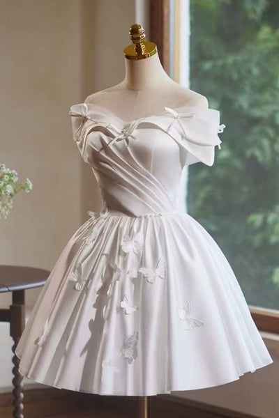 White Cute Off the Shoulder Satin Short Prom Dresses with Bow, Off Shoulder White Homecoming Dresses, White Formal Graduation Evening Dresses WT1638