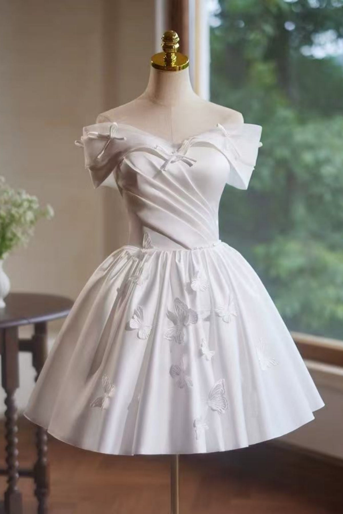 White Cute Off the Shoulder Satin Short Prom Dresses with Bow, Off Shoulder White Homecoming Dresses, White Formal Graduation Evening Dresses WT1638