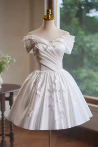 White Cute Off the Shoulder Satin Short Prom Dresses with Bow, Off Shoulder White Homecoming Dresses, White Formal Graduation Evening Dresses WT1638