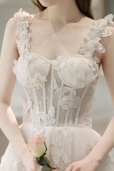 White Lace Floral Long Prom Dresses, Spaghetti Straps White Formal Dresses, White Lace Evening Dresses WT1282