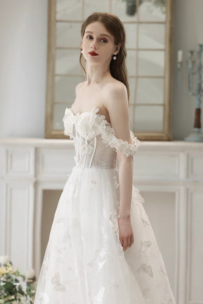 White Lace Floral Long Prom Dresses, Spaghetti Straps White Formal Dresses, White Lace Evening Dresses WT1282