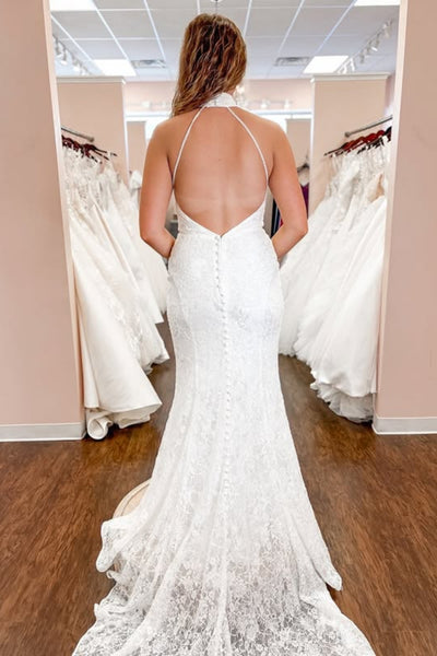 White Lace Halter Neck Mermaid Long Prom Dresses with Train, Mermaid White Formal Dresses, White Lace Evening Dresses WT1796