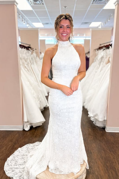 White Lace Halter Neck Mermaid Long Prom Dresses with Train, Mermaid White Formal Dresses, White Lace Evening Dresses WT1796