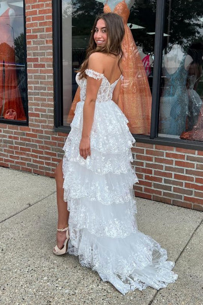 White Lace Off Shoulder Layered Long Prom Dresses with High Slit, Off the Shoulder White Formal Dresses, White Lace Evening Dresses WT1464
