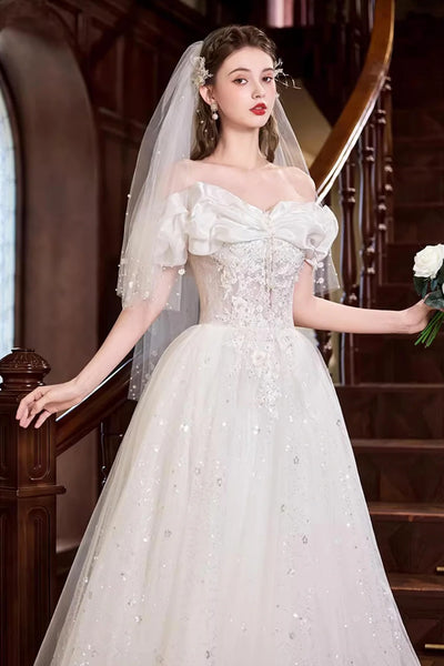 White Lace Off the Shoulder Long Prom Dresses, White Lace Formal Dresses, White Evening Dresses WT1688