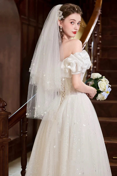 White Lace Off the Shoulder Long Prom Dresses, White Lace Formal Dresses, White Evening Dresses WT1688