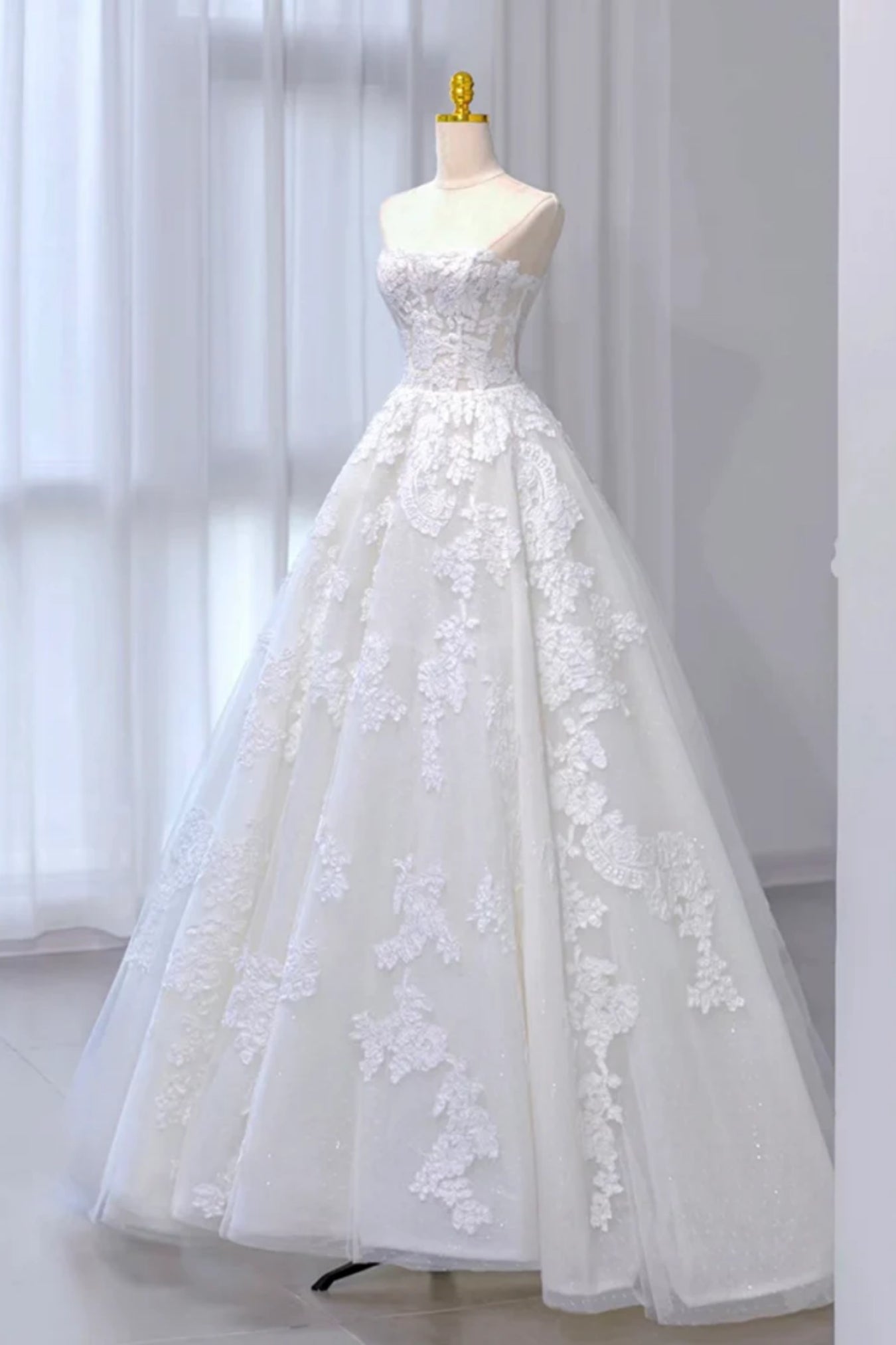 White Lace Strapless Long Prom Dresses, White Tulle Formal Dresses, Wh ...