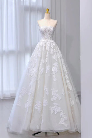 White Lace Strapless Long Prom Dresses, White Tulle Formal Dresses, White Evening Dresses with Appliques WT1565