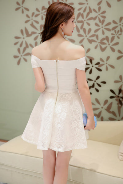 White/Pink Lace Off Shoulder Short Prom Dresses, White/Pink Lace Homecoming Dresses, Off the Shoulder Formal Evening Dresses WT1262