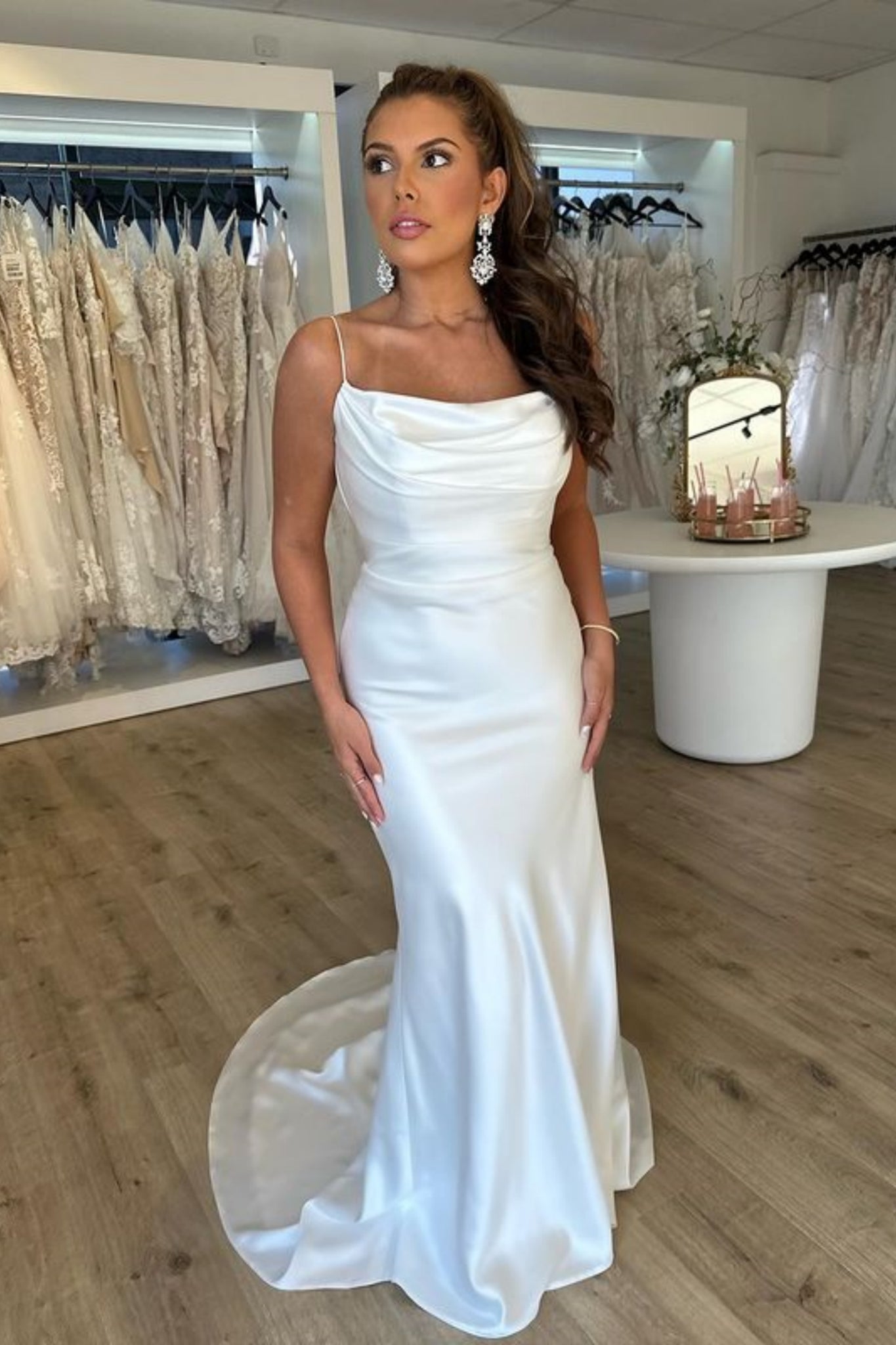 White Satin Mermaid Long Prom Dresses, Mermaid White Formal Dresses, W