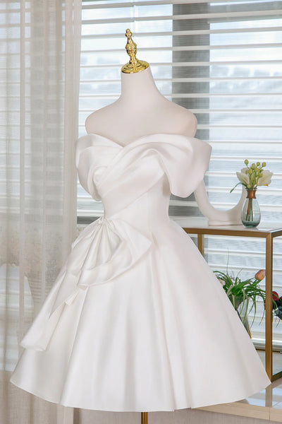 White Satin Off the Shoulder Short Prom Dresses, Off Shoulder White Homecoming Dresses WT1667