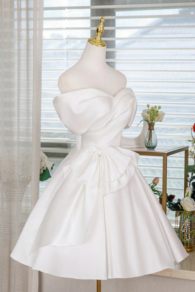 White Satin Off the Shoulder Short Prom Dresses, Off Shoulder White Homecoming Dresses WT1667