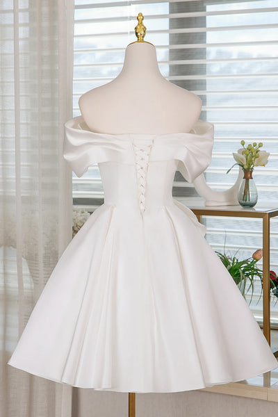White Satin Off the Shoulder Short Prom Dresses, Off Shoulder White Homecoming Dresses WT1667