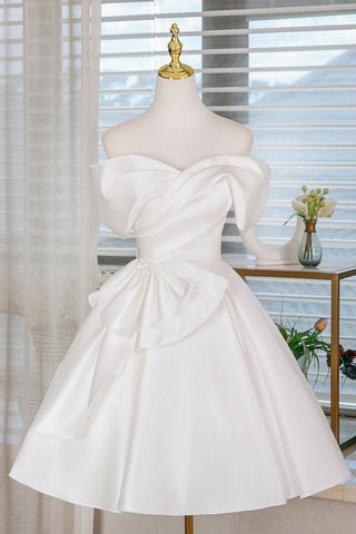 White Satin Off the Shoulder Short Prom Dresses, Off Shoulder White Homecoming Dresses WT1667