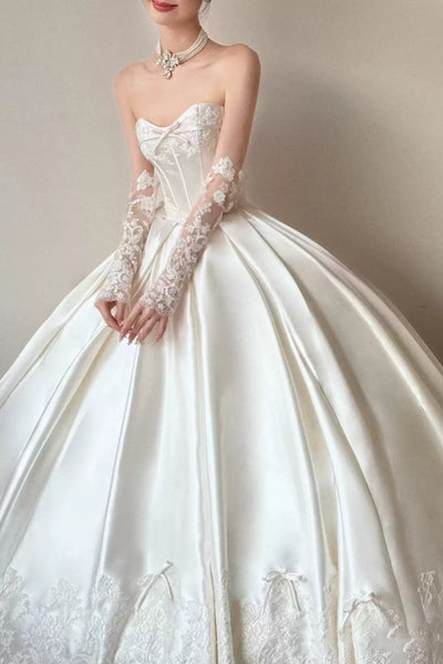 White Satin Strapless Lace Long Prom Dresses, White Lace Wedding Dresses, White Formal Evening Dresses WT1826