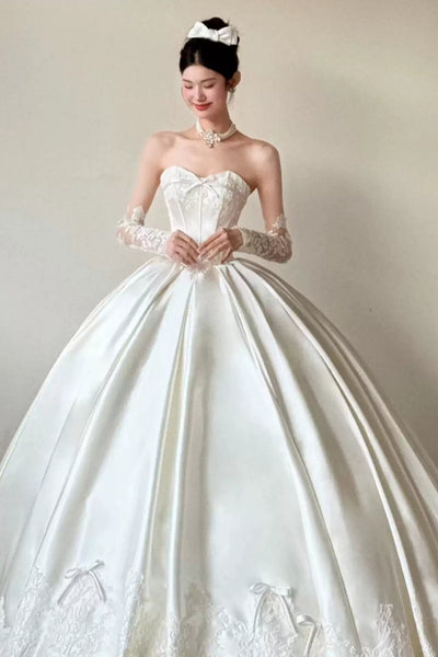 White Satin Strapless Lace Long Prom Dresses, White Lace Wedding Dresses, White Formal Evening Dresses WT1826