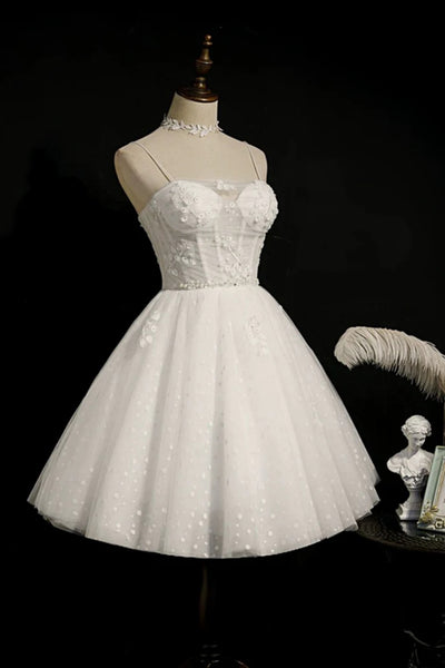 White Sweetheart Neck Lace Tulle Prom Dresses, White Lace Homecoming Dresses WT1521