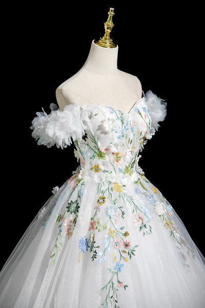 White Tulle A Line Off the Shoulder Long Prom Dresses with Appliques, Off Shoulder White Formal Evening Dresses WT1648