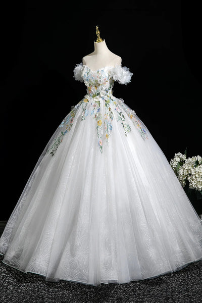White Tulle A Line Off the Shoulder Long Prom Dresses with Appliques, Off Shoulder White Formal Evening Dresses WT1648