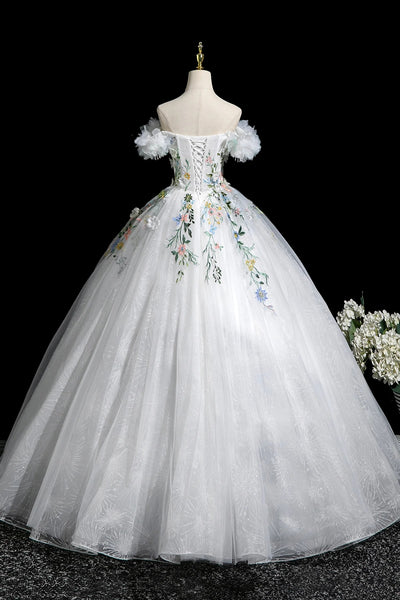 White Tulle A Line Off the Shoulder Long Prom Dresses with Appliques, Off Shoulder White Formal Evening Dresses WT1648