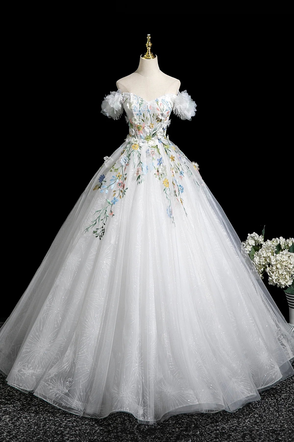 White Tulle A Line Off the Shoulder Long Prom Dresses with Appliques, Off Shoulder White Formal Evening Dresses WT1648