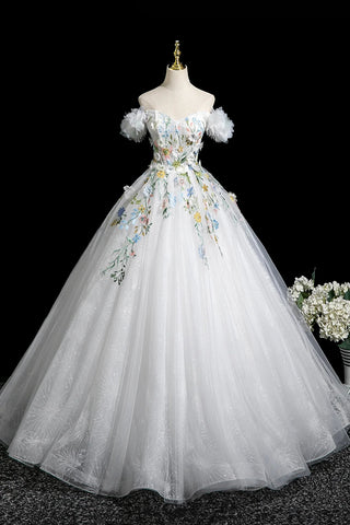 White Tulle A Line Off the Shoulder Long Prom Dresses with Appliques, Off Shoulder White Formal Evening Dresses WT1648