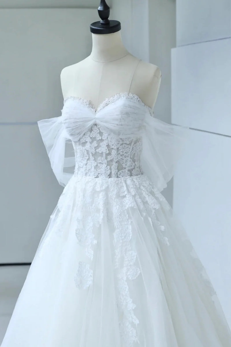 A-Line Off Shoulder Tulle Lace Applique White Long Prom Dress