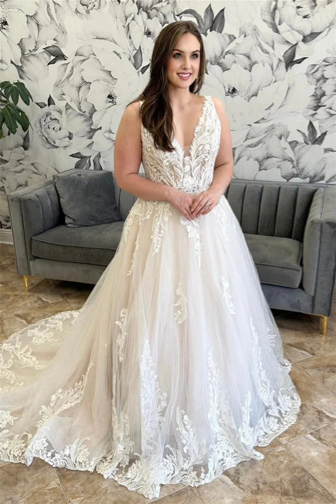 White V Neck Lace Long Prom Dresses, White Lace Formal Evening Dresses