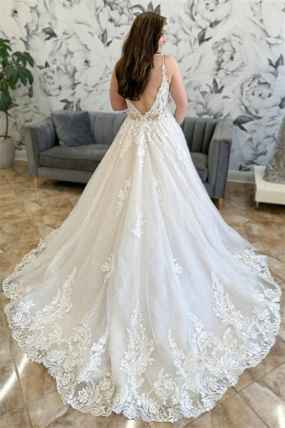 White V Neck Lace Long Prom Dresses, White Lace Formal Evening Dresses, Long White Wedding Dresses WT1344