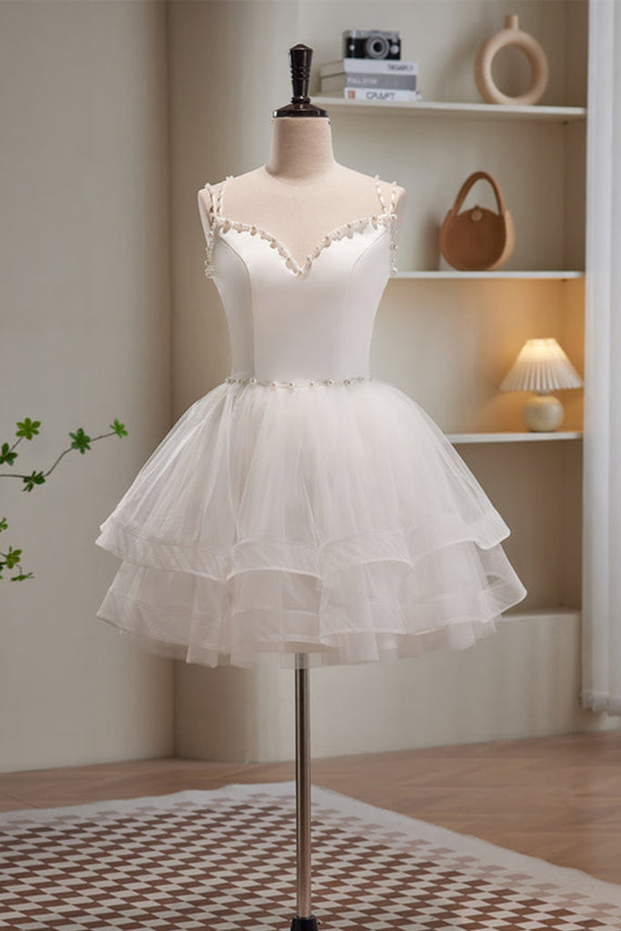 White V Neck Open Back Beaded Short Prom Dresses, V Neck White Homecom