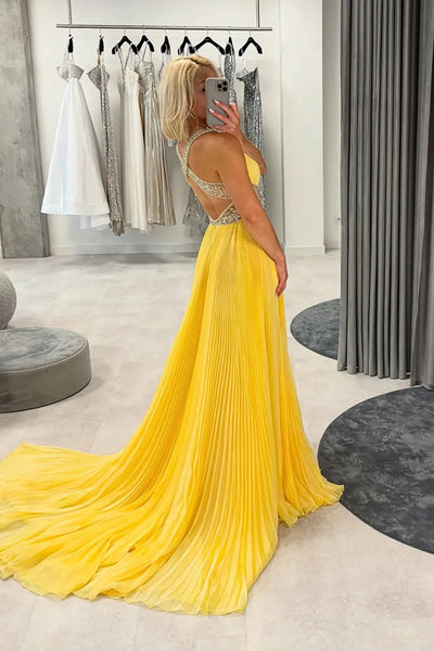 Yellow A Line V Neck Open Back Long Prom Dresses, Yellow Formal Graduation Evening Dresses WT1678