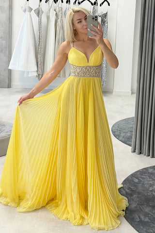 Yellow A Line V Neck Open Back Long Prom Dresses, Yellow Formal Graduation Evening Dresses WT1678